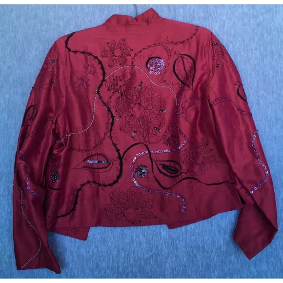 Bleu Bayou Long Sleeve Open Front 100% Silk Beaded Red Jacket Woman' SZ Medium - Picture 16 of 16